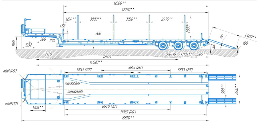 Низкорамный полуприцеп тяжеловоз 99064 по спецификации 042 К35 ПП4