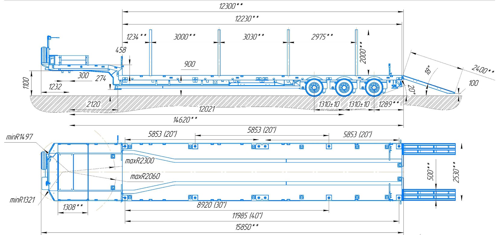 Низкорамный полуприцеп тяжеловоз 99064 по спецификации 042 К35 ПП4